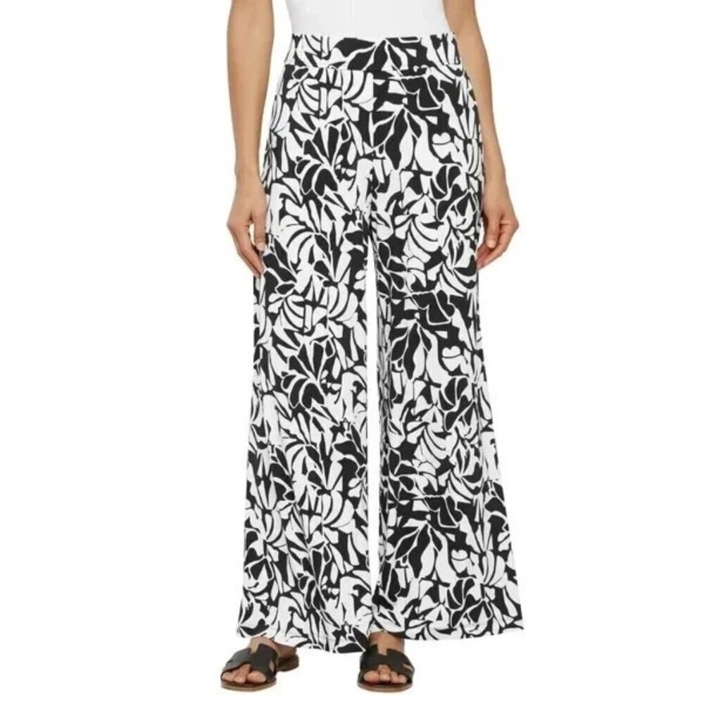 NWO Three Dots Loose-Fit Black & White Leaf Print Flare Leg Pants XL Polyester